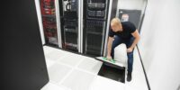 Computer Engineer Lifting Floor Tile Using Suction Cups In Datac